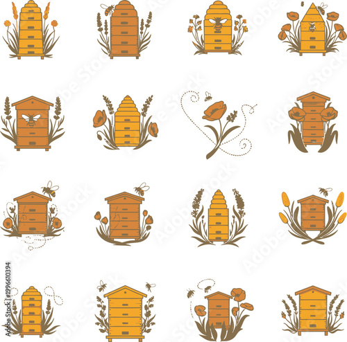 Beehive illustration with flowers and plants.