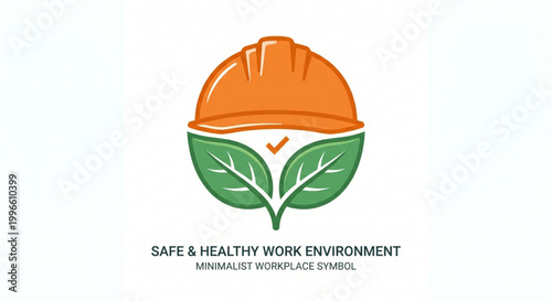 Minimalist Symbol of a Safe and Healthy Work Environment Featuring an Orange Hard Hat and Green Leaves with a Check Mark, Representing Workplace Safety and Well-being