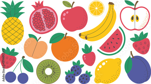 Fruits, colorful assortment of fresh organic fruits and berries in bright flat style, healthy lifestyle nutrition concept, premium vector illustration design.