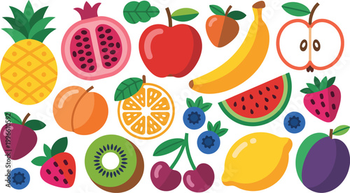 Fruits, colorful assortment of fresh organic fruits and berries in bright flat style, healthy lifestyle nutrition concept, premium vector illustration design.
