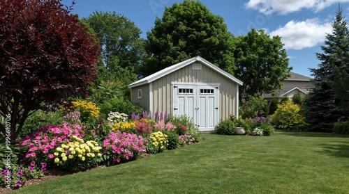Charming garden shed nestled in vibrant backyard garden filled with blooming colorful flowers and mature trees on sunny day.