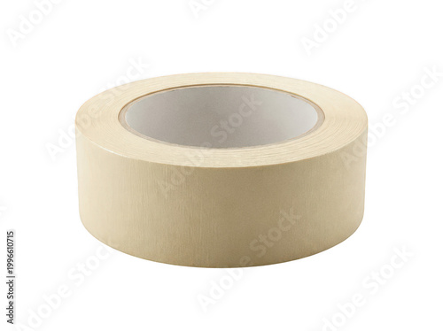 Roll of beige paper masking tape with a white cardboard core for painting and DIY isolated transparent background image