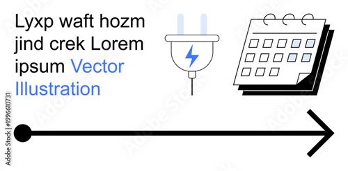 Project management, energy planning, scheduling, organizational tools, conceptual timelines, progress tracking. Calendar, plug with lightning symbol arrow on a white background. Project management