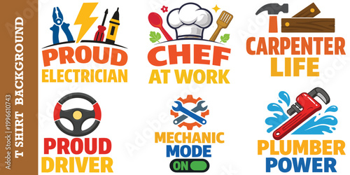Skilled professionals labor badge set showcasing electrician chef carpenter and driver.