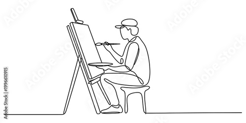 Continuous single line drawing of an artist sitting on a stool and painting on a canvas with a brush in a creative art studio setting Vector, illustration