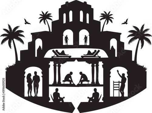 Silhouetted Ancient Roman Bathhouse with People Relaxing, Palm Trees, Vector Illustration ,Generative Ai