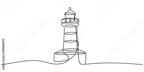 Continuous single line drawing of a lighthouse tower standing by the ocean coast for nautical travel and maritime safety concept art Vector, illustration
