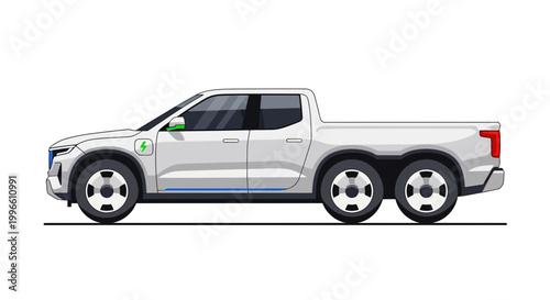 Electric 6-Wheel Pickup Truck, Futuristic EV Hauler, White Color, Studio Shot