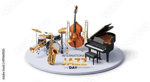 A celebratory vector illustration for International Jazz Day featuring a saxophone, trumpet, piano, double bass, and drums arranged on a white platform with gold lettering
