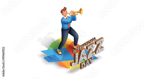 A jazz musician illustration of a man playing a trumpet for International Jazz Day, standing on a colorful geometric platform with the words 'Jazz Day', designed in a retro jazz style