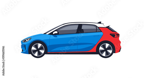 Modern Electric Car in Blue and Red, Side View, White Background