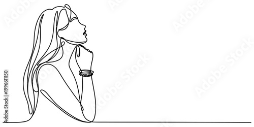 Minimalist continuous line drawing of a young woman thinking and looking up with a thoughtful expression in a simple art style Vector, illustration