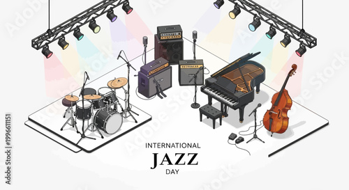 Isometric vector illustration featuring a jazz band performance setup, complete with a grand piano, double bass, drums, and amplifiers under concert stage lighting against a clean white