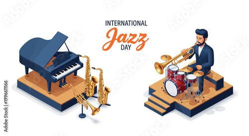 Isometric vector art for International Jazz Day features a jazz musician playing the trumpet and drums alongside a piano and saxophone, set against a clean white background with warm color