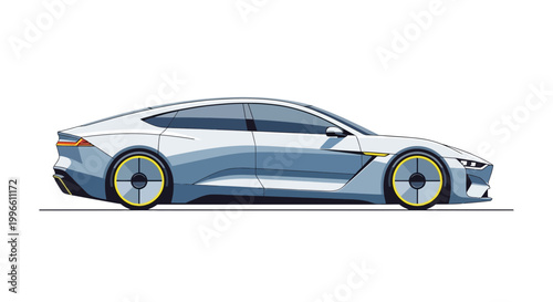 Modern Electric Sedan Car Illustration, Futuristic Automotive Design, White Vehicle