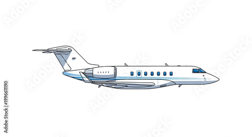 Modern Business Jet Airplane Flying Isolated White Background Vector Illustration