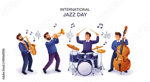 A vibrant vector illustration for International Jazz Day features a lively jazz band in full performance, complete with a saxophone, trumpet, drums, and double bass, set against a clean