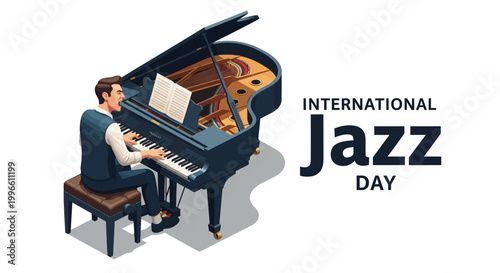 Isometric illustration celebrating International Jazz Day, showcasing a jazz musician playing the piano with expressive hands in a lively concert scene, set against a clean white
