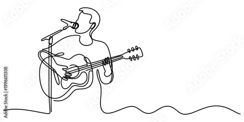 Continuous single line drawing of a man playing acoustic guitar and singing into a microphone on stage during a musical performance Vector, illustration