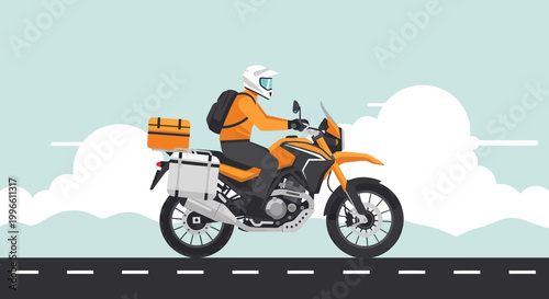 Motorcycle Delivery Rider on Road with Luggage and Backpack