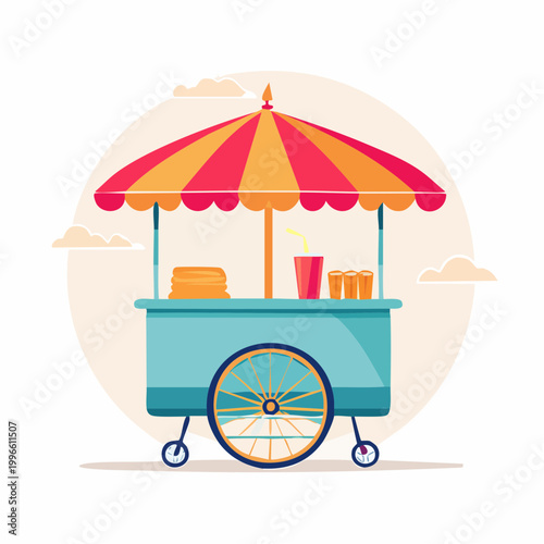 Colorful Food Cart with Umbrella and Drinks