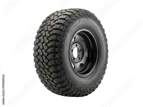 Φωτογραφία Rugged black mud-terrain tire with deep tread on a steel rim isolated transparen