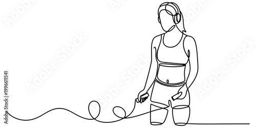 Continuous single line drawing of a fit woman holding a jump rope and wearing headphones for a workout routine in a minimalist style Vector, illustration
