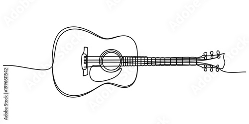 A single continuous line drawing of an acoustic guitar musical instrument created with a minimalist black ink stroke on a simple surface Vector, illustration
