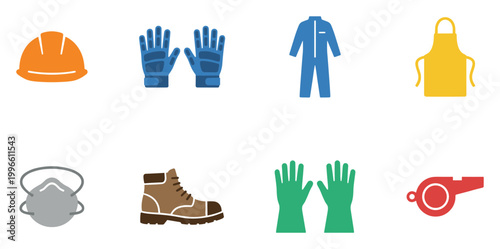 Collection of construction and industrial safety equipment icons: helmet, gloves, jumpsuit, apron, mask, boot, and whistle