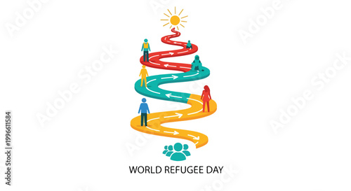 Colorful illustration of people on winding paths to sun