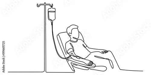 Continuous single line drawing of a patient sitting in a medical chair receiving an intravenous drip treatment in a hospital room Vector, illustration