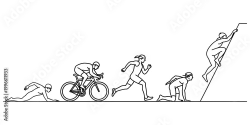 Athletic woman doing triathlon training swimming cycling running and climbing in a sequence of sports activities outline art Vector, illustration