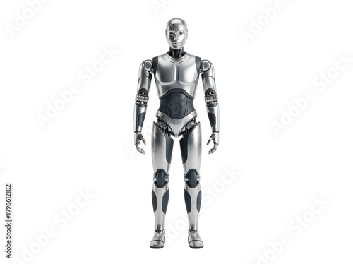 Silver metallic humanoid robot standing facing forward with detailed joints isolated transparent background image
