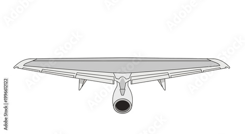Airplane wing with engine, top view, isolated on white background