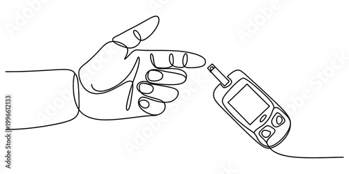 Continuous line drawing of a human finger touching a blood glucose meter for diabetes testing and monitoring medical health check Vector, illustration