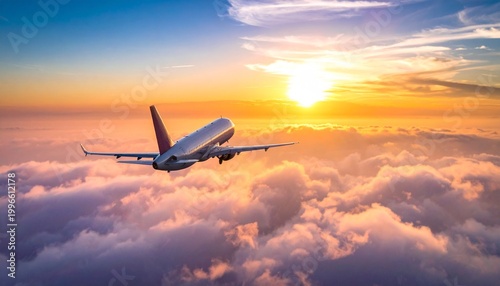 Airplane flying above sunset cloudy sky.