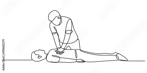 Continuous single line drawing of a person giving cardiopulmonary resuscitation cpr to an unconscious patient on the ground Vector, illustration