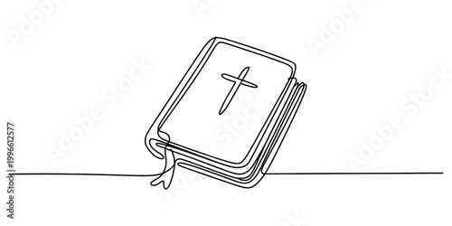 Continuous single line drawing of a holy bible book with a cross symbol on the cover for christian religion and church faith concept Vector, illustration