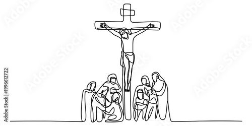 Continuous single line drawing of jesus christ on the cross with mourning people standing and praying below in a minimal art style Vector, illustration