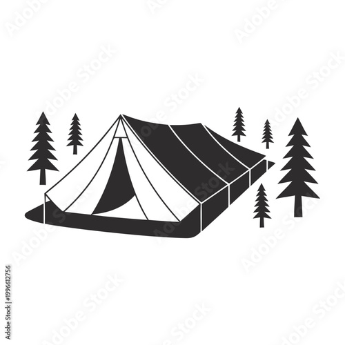 Camping tent and pine trees silhouette on white shelter