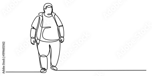Continuous single line drawing of a standing overweight man wearing a casual jacket and pants in a minimalist artistic style Vector, illustration