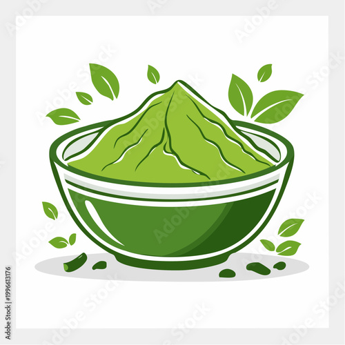 Green Matcha Powder in Bowl with Leaves
