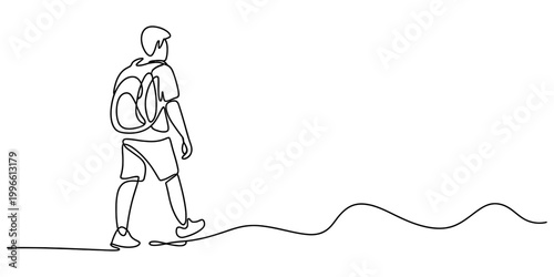 Continuous single line drawing of a young man with a backpack walking forward on a path representing travel and active lifestyle concept Vector, illustration