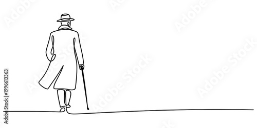 Continuous single line drawing of an old man walking with a cane wearing a hat and a long coat viewed from behind Vector, illustration