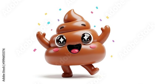 Happy poop emoji character dancing joyful.