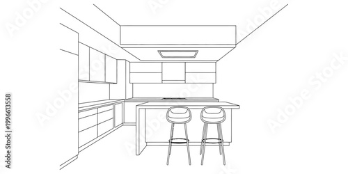 Modern kitchen interior design sketch with island and two stools showing cabinetry and clean lines for home architectural planning Vector, illustration