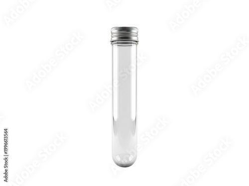 Sleek empty transparent glass test tube with a ribbed silver metallic screw cap isolated transparent background image