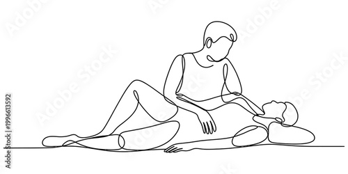 Continuous single line drawing of a man and a woman lying down together and relaxing in a peaceful romantic moment Vector, illustration