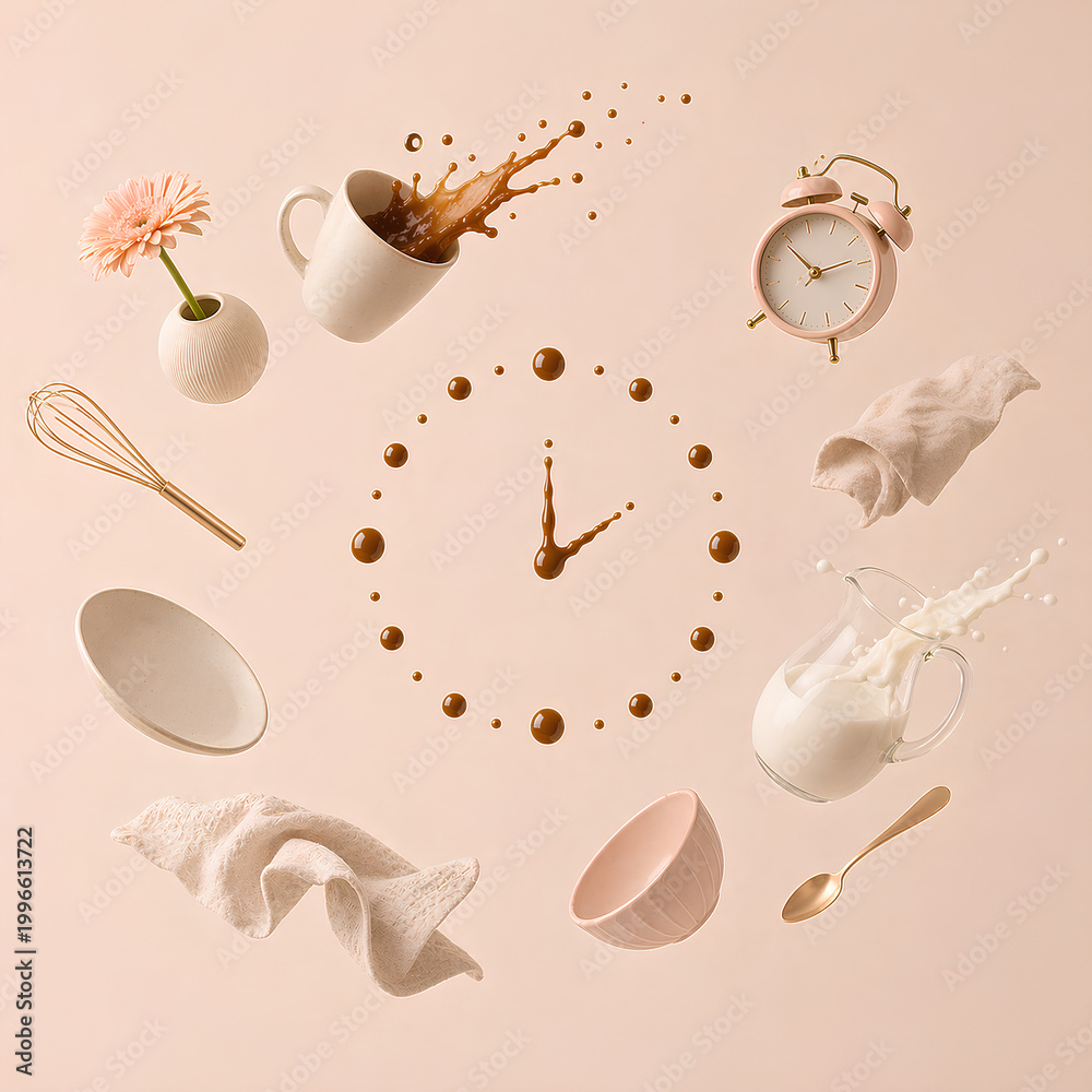 Minimal lifestyle objects forming a clock, clean composition perfect for time management and daily routine visuals.