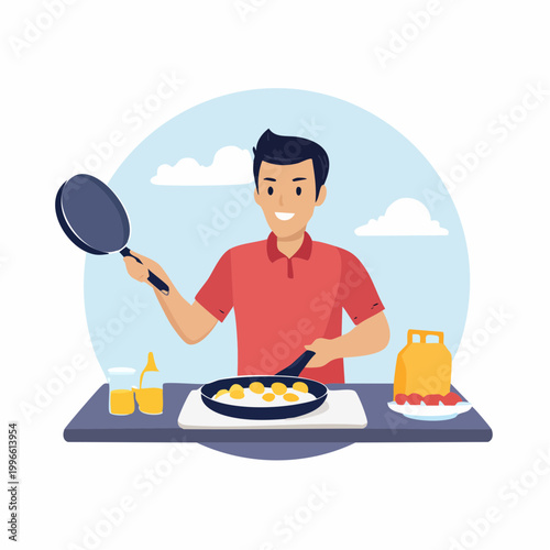 Man Cooking Eggs in a Frying Pan